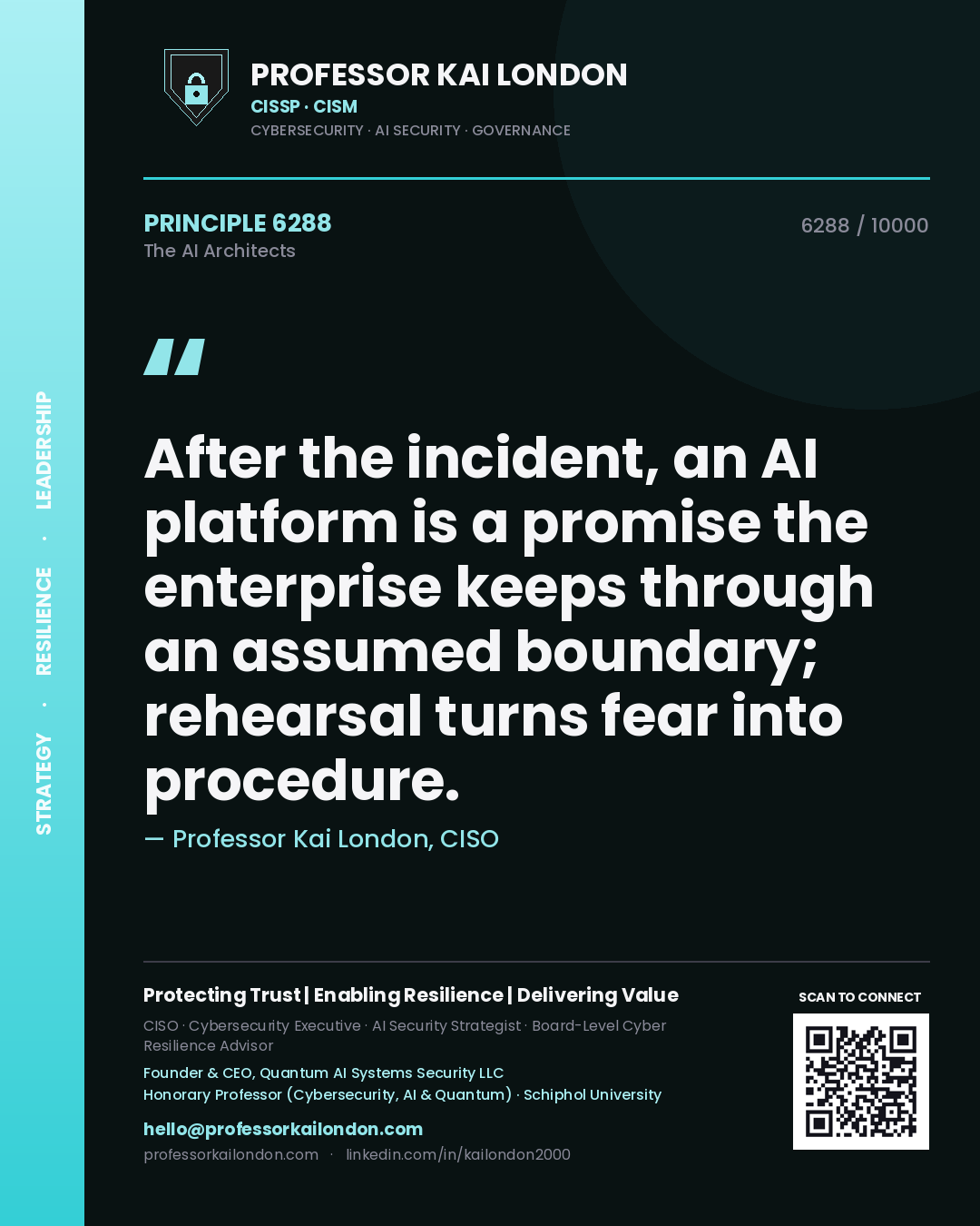 Professor Kai London principle 6288: After the incident, an AI platform is a promise the enterprise keeps through an assumed boundary; rehearsal turns fear into procedure.