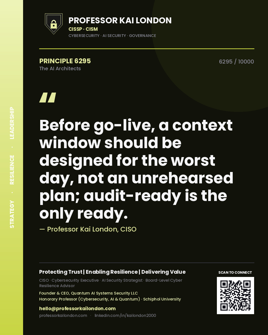 Professor Kai London principle 6295: Before go-live, a context window should be designed for the worst day, not an unrehearsed plan; audit-ready is the only ready.