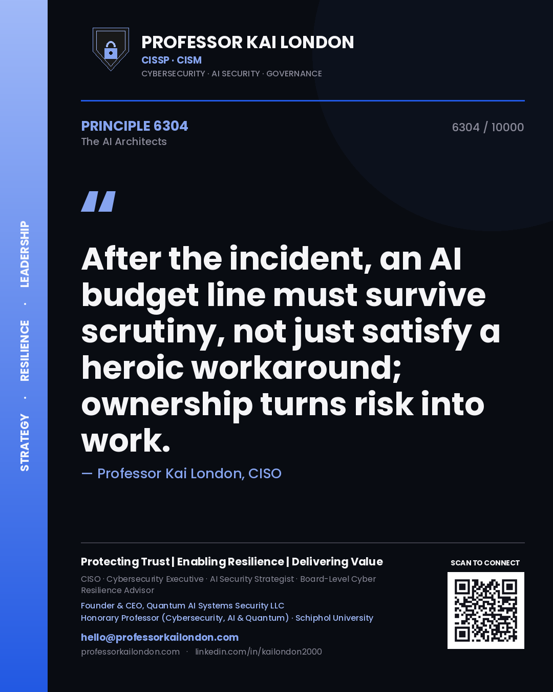 Professor Kai London principle 6304: After the incident, an AI budget line must survive scrutiny, not just satisfy a heroic workaround; ownership turns risk into work.