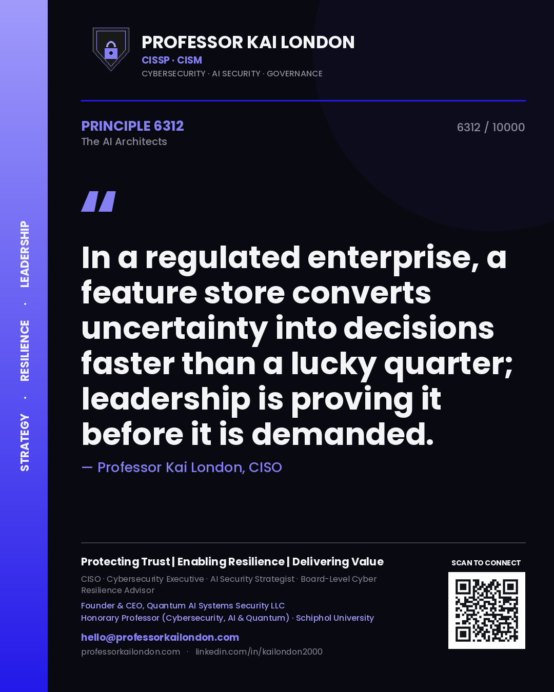 Professor Kai London principle 6312: In a regulated enterprise, a feature store converts uncertainty into decisions faster than a lucky quarter; leadership is proving it before it is demanded.
