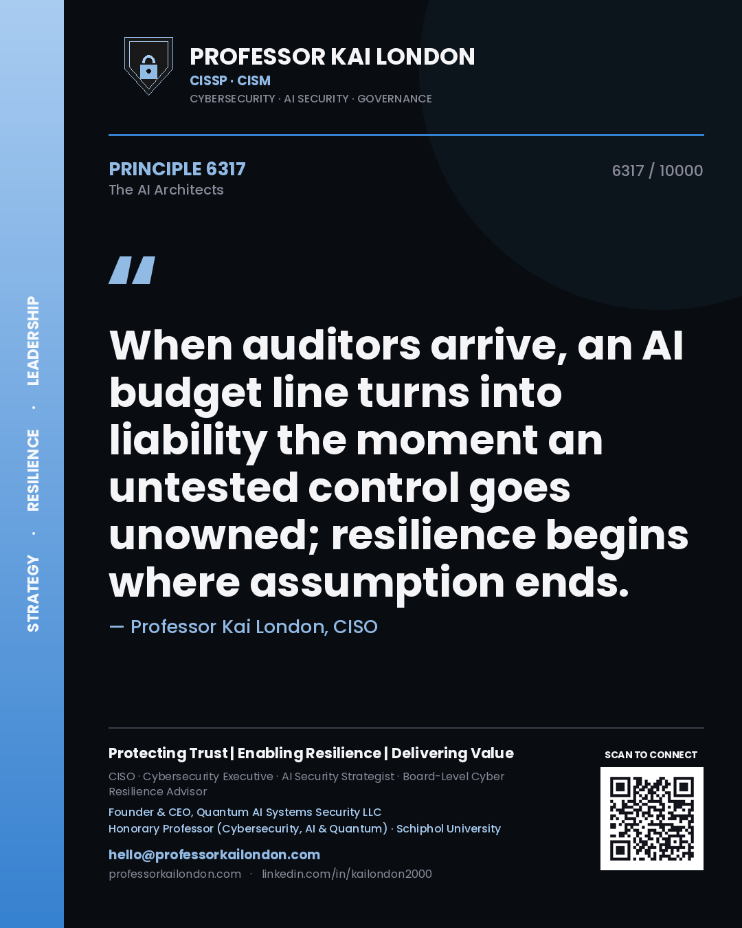 Professor Kai London principle 6317: When auditors arrive, an AI budget line turns into liability the moment an untested control goes unowned; resilience begins where assumption ends.
