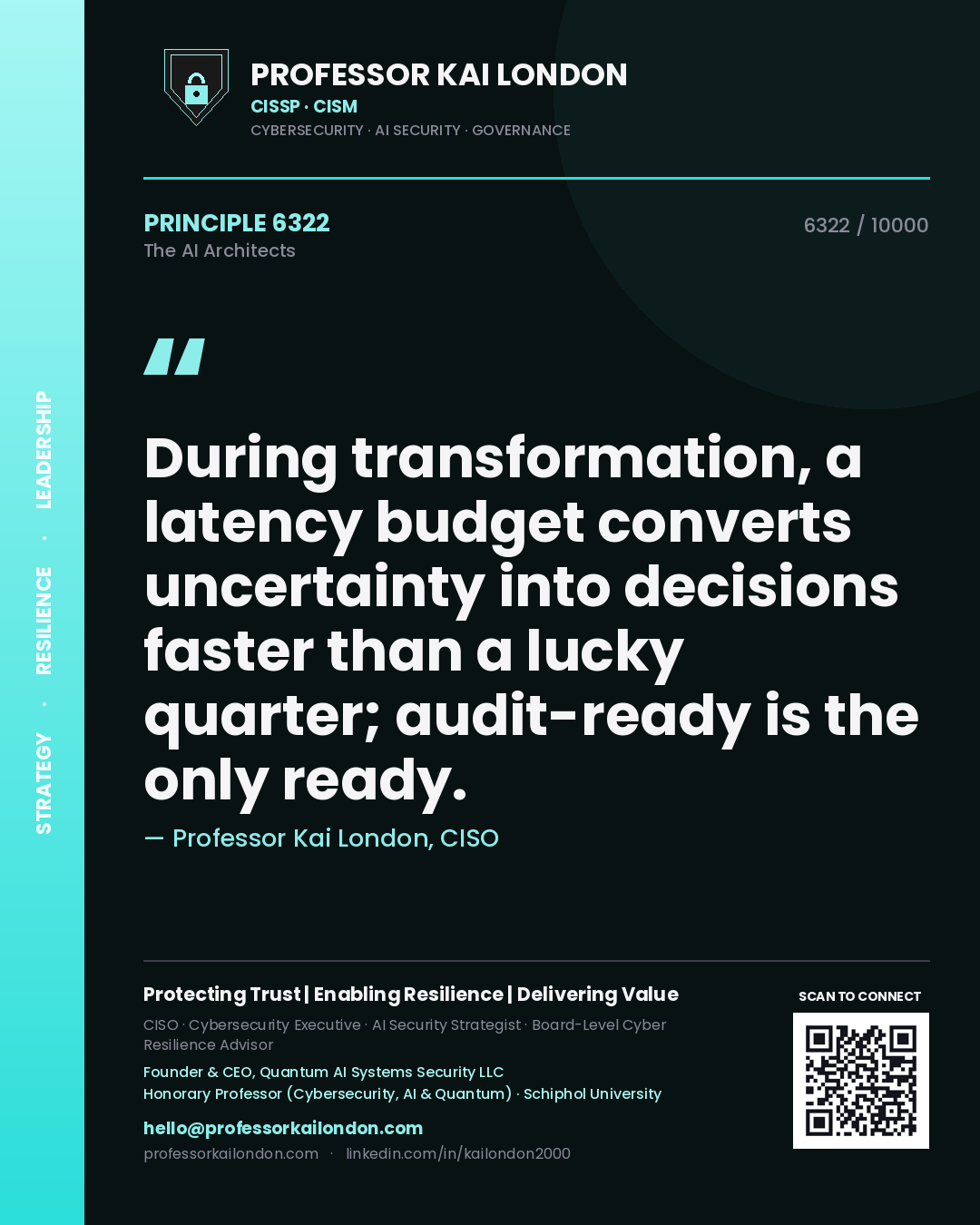 Professor Kai London principle 6322: During transformation, a latency budget converts uncertainty into decisions faster than a lucky quarter; audit-ready is the only ready.