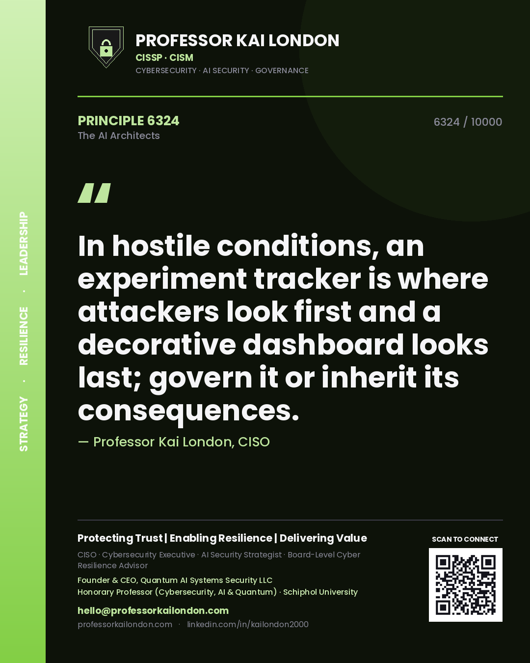 Professor Kai London principle 6324: In hostile conditions, an experiment tracker is where attackers look first and a decorative dashboard looks last; govern it or inherit its consequences.