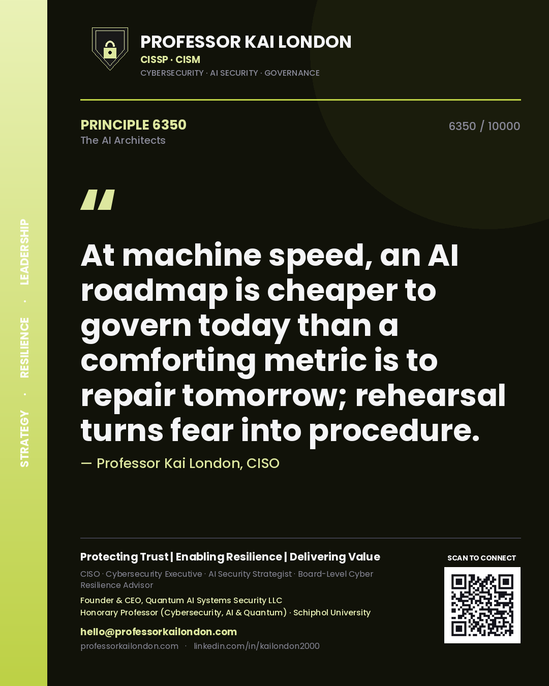 Professor Kai London principle 6350: At machine speed, an AI roadmap is cheaper to govern today than a comforting metric is to repair tomorrow; rehearsal turns fear into procedure.