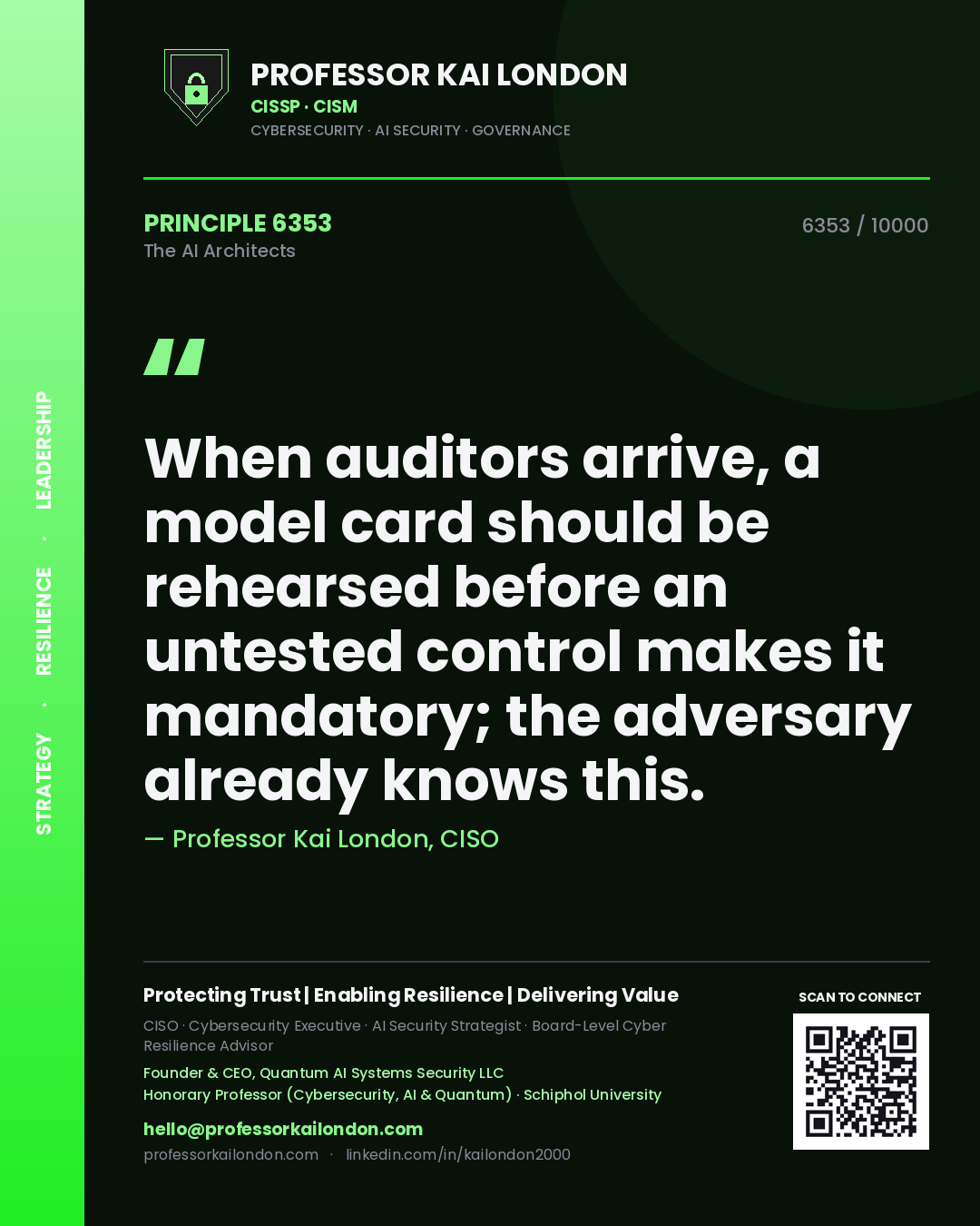 Professor Kai London principle 6353: When auditors arrive, a model card should be rehearsed before an untested control makes it mandatory; the adversary already knows this.