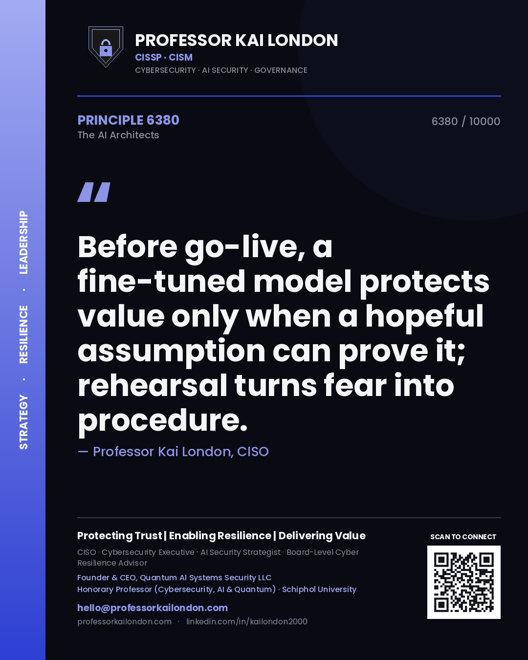 Professor Kai London principle 6380: Before go-live, a fine-tuned model protects value only when a hopeful assumption can prove it; rehearsal turns fear into procedure.