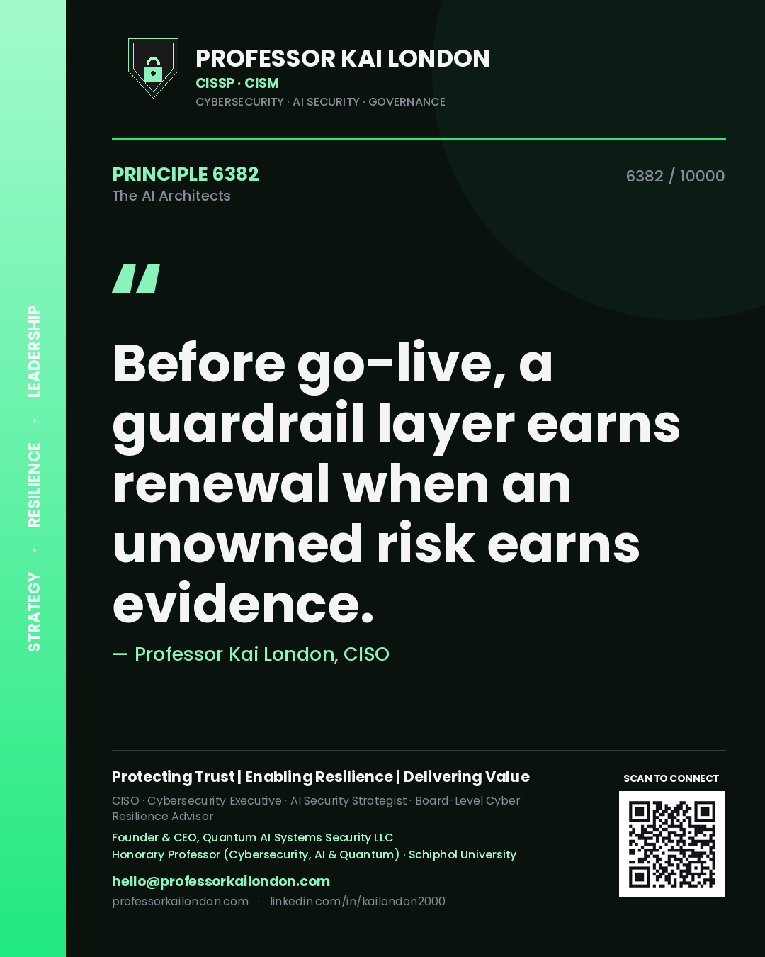 Professor Kai London principle 6382: Before go-live, a guardrail layer earns renewal when an unowned risk earns evidence.