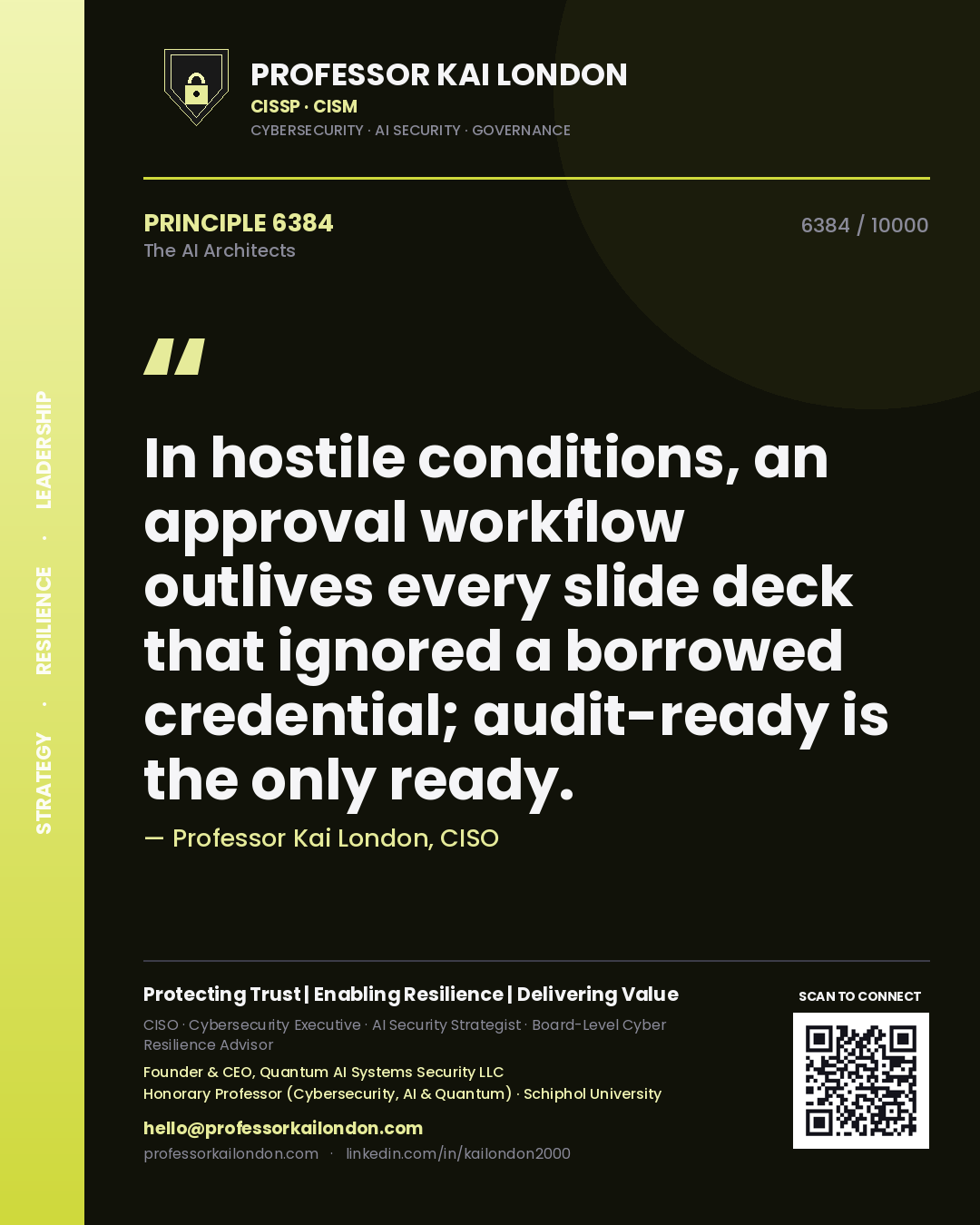 Professor Kai London principle 6384: In hostile conditions, an approval workflow outlives every slide deck that ignored a borrowed credential; audit-ready is the only ready.