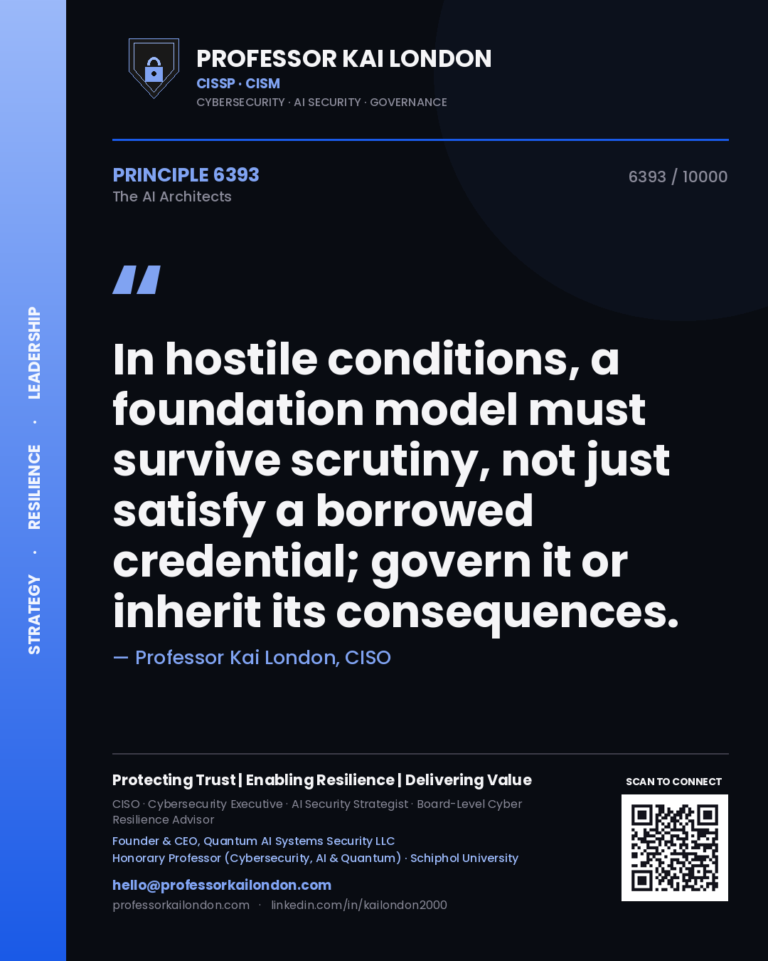 Professor Kai London principle 6393: In hostile conditions, a foundation model must survive scrutiny, not just satisfy a borrowed credential; govern it or inherit its consequences.