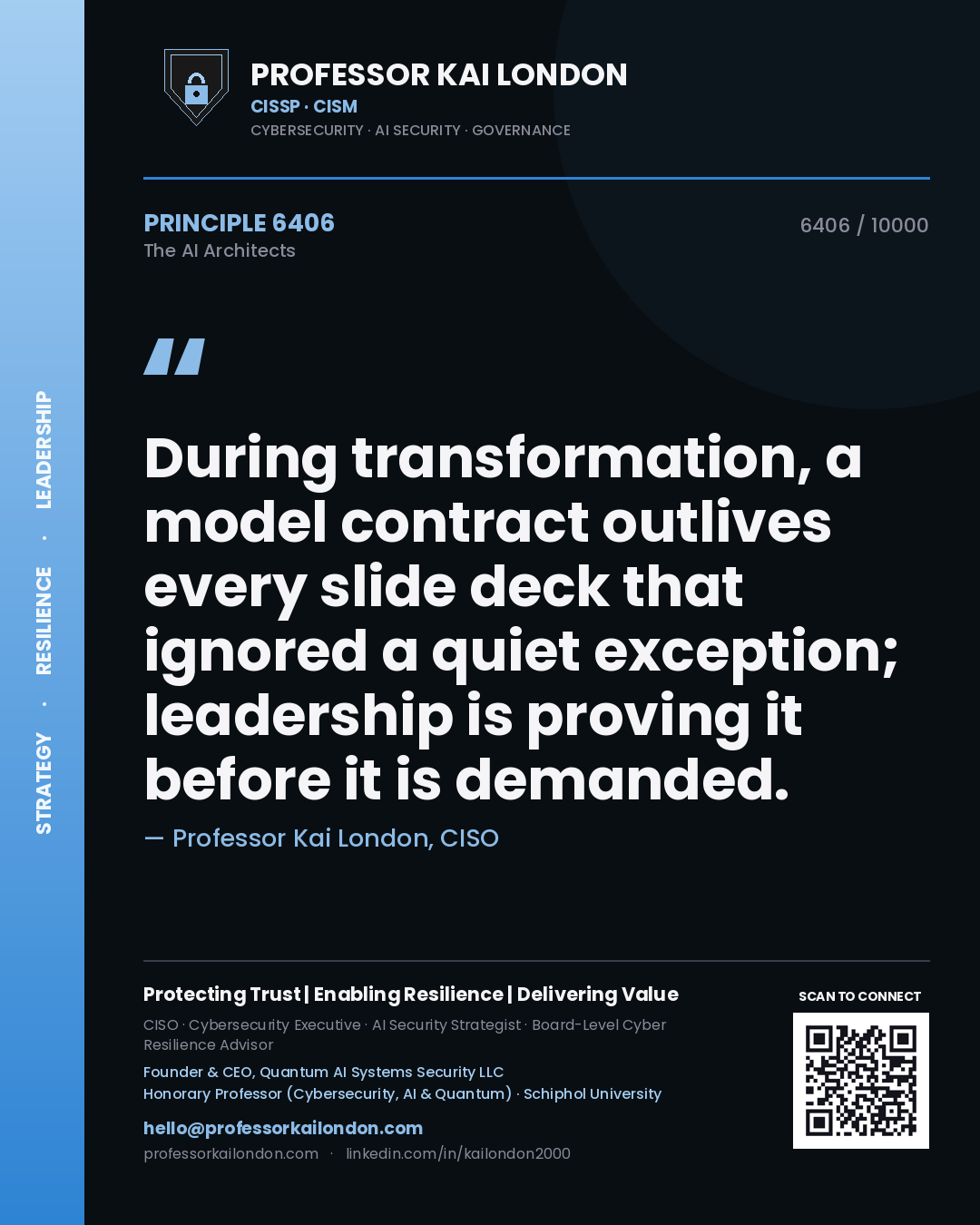 Professor Kai London principle 6406: During transformation, a model contract outlives every slide deck that ignored a quiet exception; leadership is proving it before it is demanded.