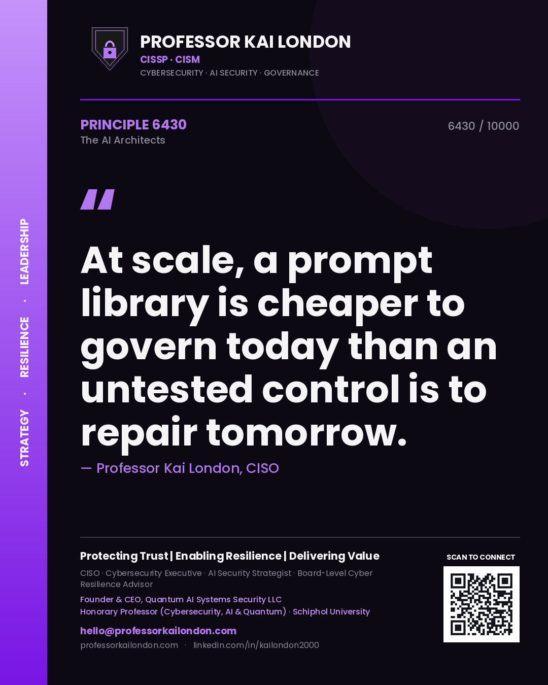 Professor Kai London principle 6430: At scale, a prompt library is cheaper to govern today than an untested control is to repair tomorrow.