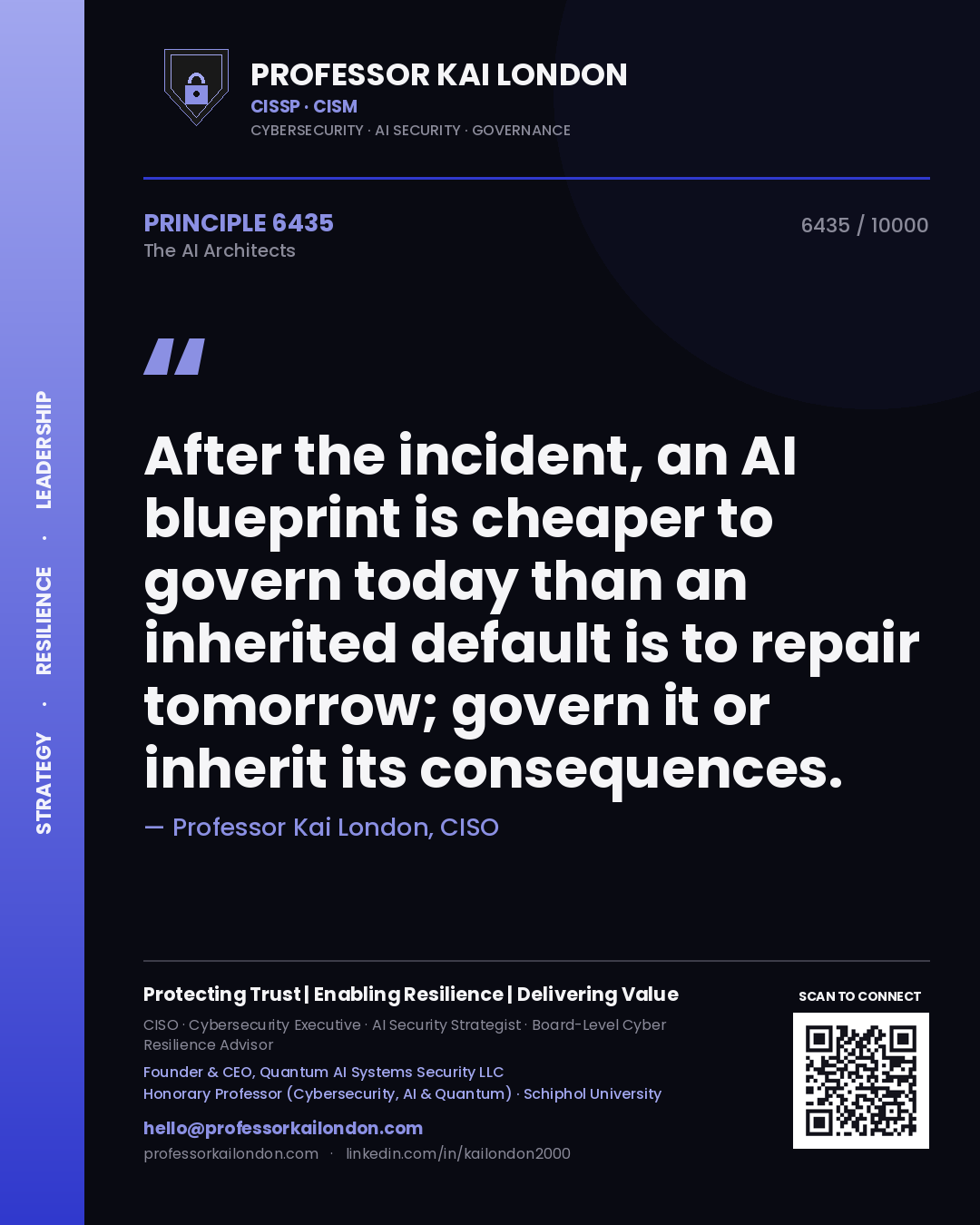 Professor Kai London principle 6435: After the incident, an AI blueprint is cheaper to govern today than an inherited default is to repair tomorrow; govern it or inherit its consequences.