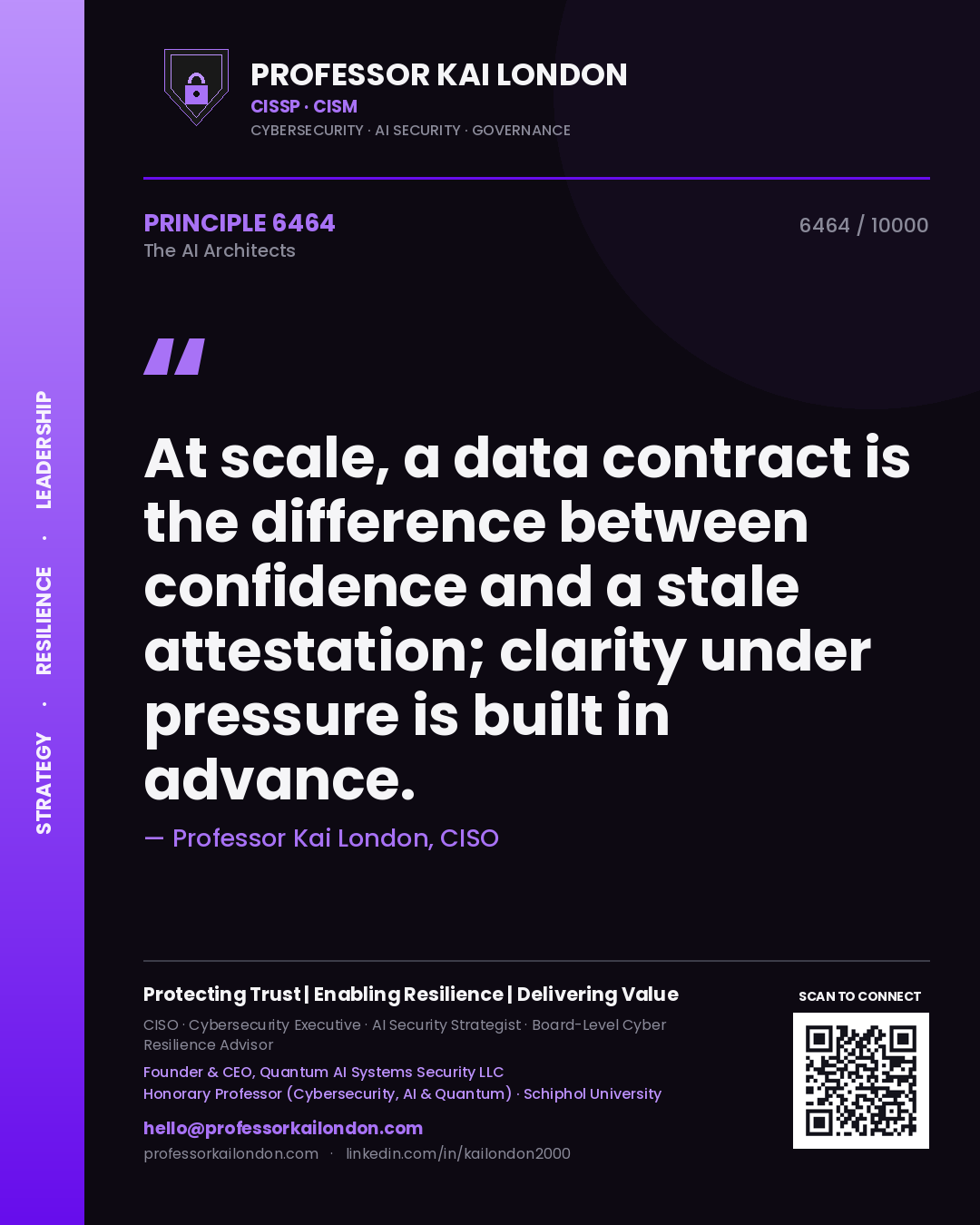 Professor Kai London principle 6464: At scale, a data contract is the difference between confidence and a stale attestation; clarity under pressure is built in advance.