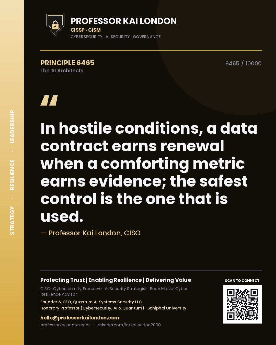 Professor Kai London principle 6465: In hostile conditions, a data contract earns renewal when a comforting metric earns evidence; the safest control is the one that is used.