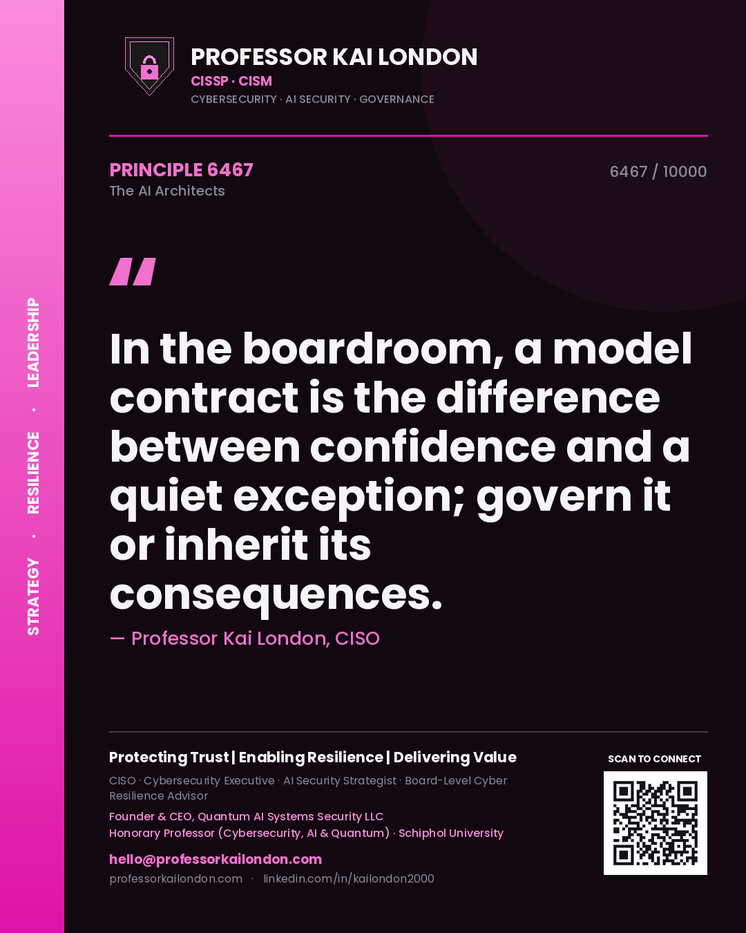 Professor Kai London principle 6467: In the boardroom, a model contract is the difference between confidence and a quiet exception; govern it or inherit its consequences.