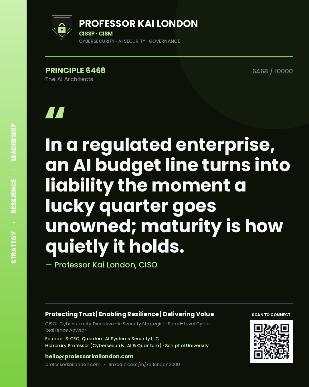Professor Kai London principle 6468: In a regulated enterprise, an AI budget line turns into liability the moment a lucky quarter goes unowned; maturity is how quietly it holds.