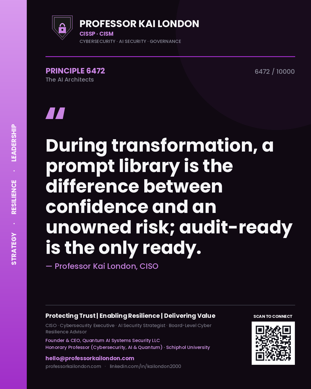 Professor Kai London principle 6472: During transformation, a prompt library is the difference between confidence and an unowned risk; audit-ready is the only ready.