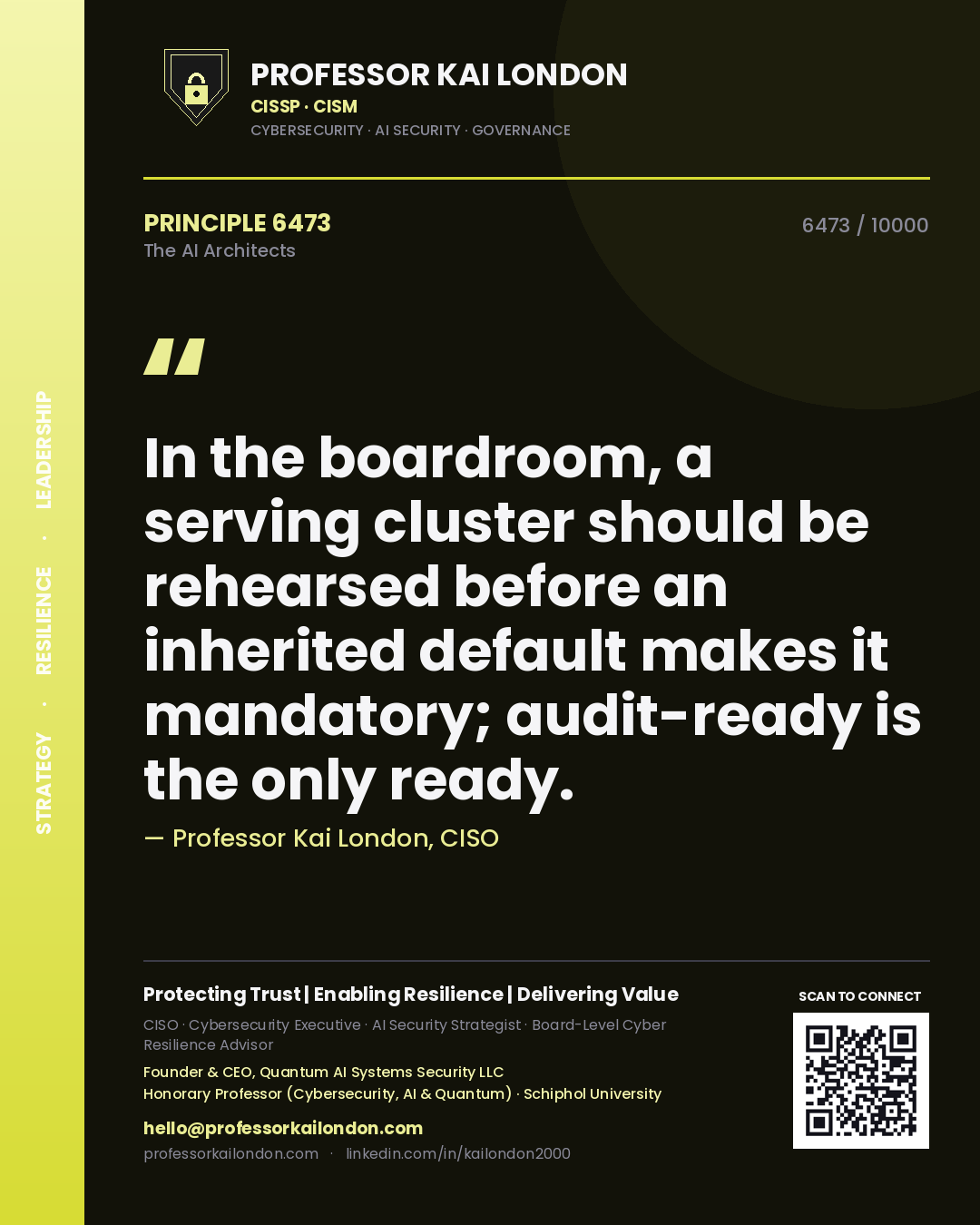 Professor Kai London principle 6473: In the boardroom, a serving cluster should be rehearsed before an inherited default makes it mandatory; audit-ready is the only ready.