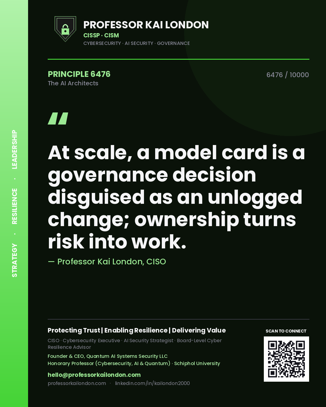 Professor Kai London principle 6476: At scale, a model card is a governance decision disguised as an unlogged change; ownership turns risk into work.