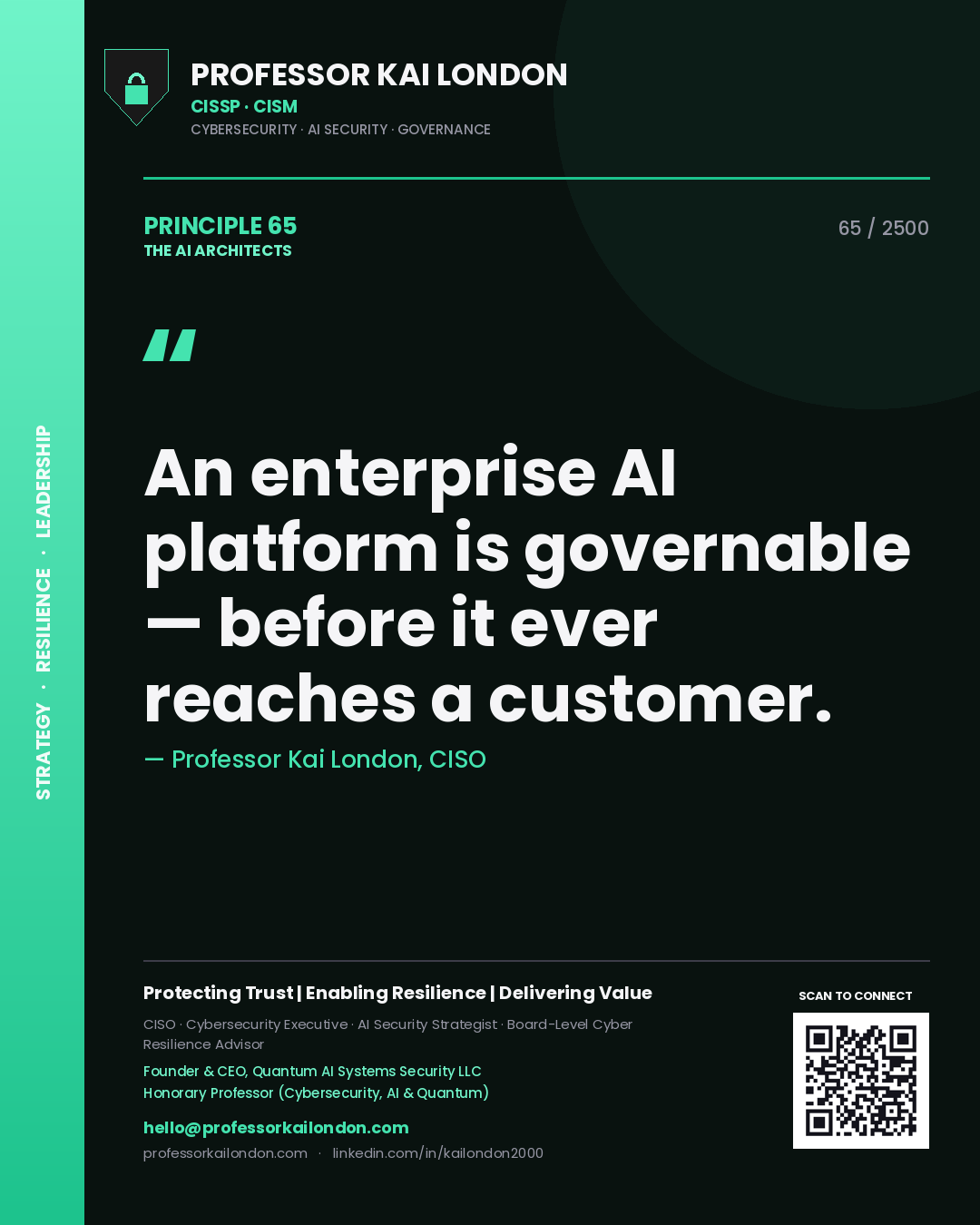 Professor Kai London principle 65: An enterprise AI platform is governable — before it ever reaches a customer.