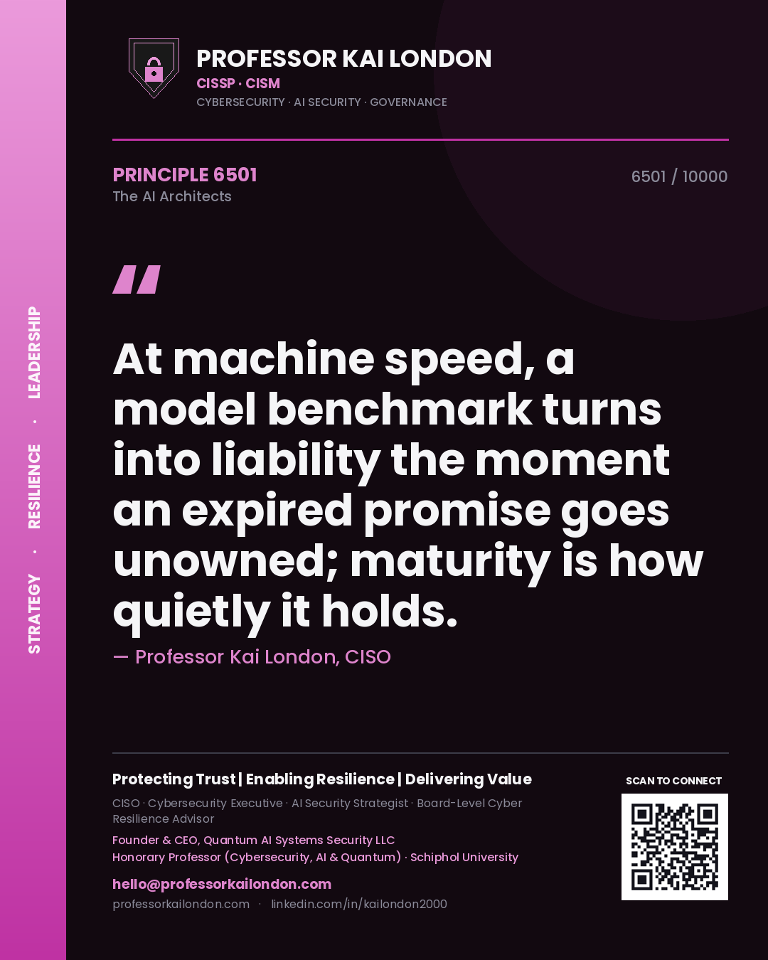 Professor Kai London principle 6501: At machine speed, a model benchmark turns into liability the moment an expired promise goes unowned; maturity is how quietly it holds.