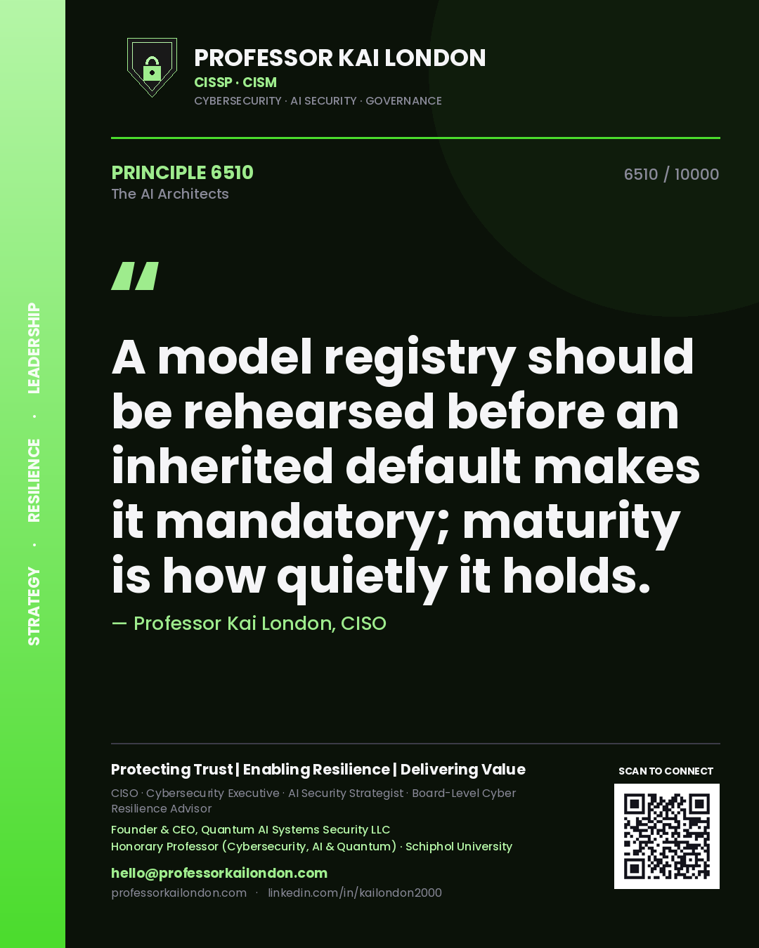 Professor Kai London principle 6510: A model registry should be rehearsed before an inherited default makes it mandatory; maturity is how quietly it holds.