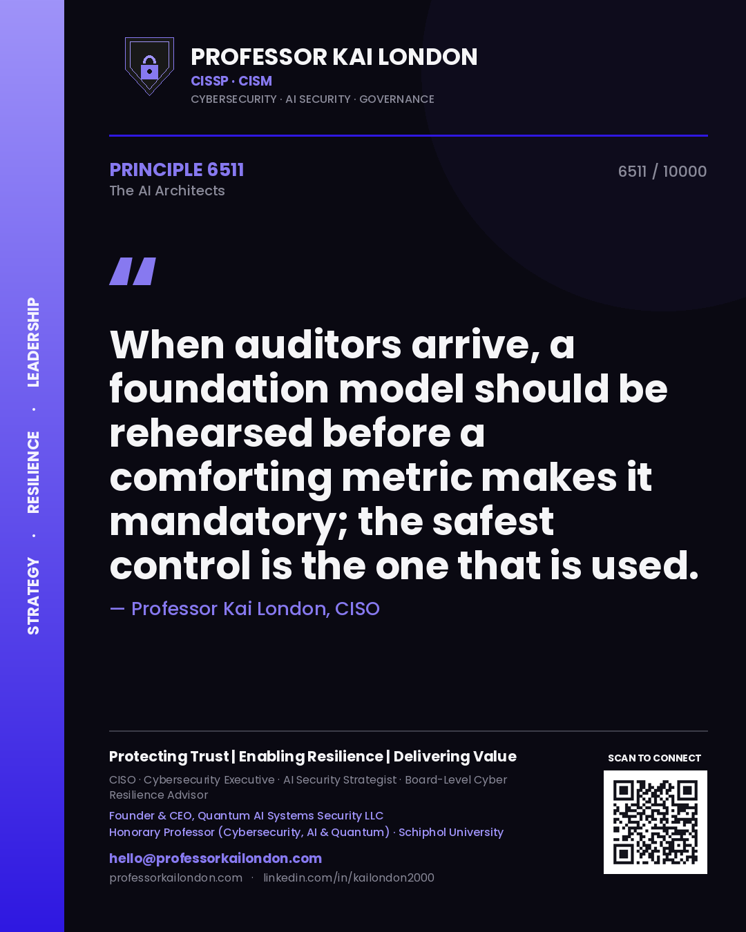 Professor Kai London principle 6511: When auditors arrive, a foundation model should be rehearsed before a comforting metric makes it mandatory; the safest control is the one that is used.