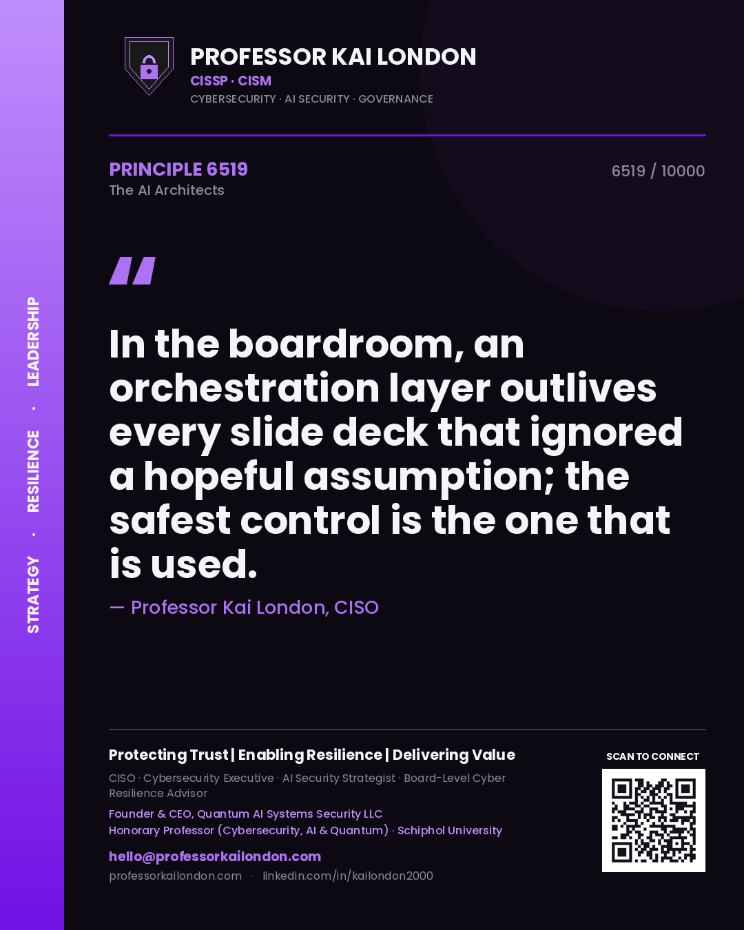 Professor Kai London principle 6519: In the boardroom, an orchestration layer outlives every slide deck that ignored a hopeful assumption; the safest control is the one that is used.