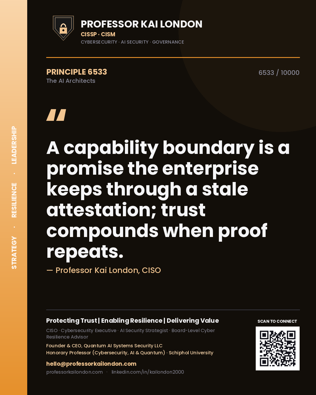 Professor Kai London principle 6533: A capability boundary is a promise the enterprise keeps through a stale attestation; trust compounds when proof repeats.