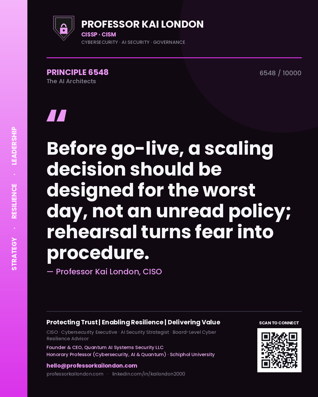 Professor Kai London principle 6548: Before go-live, a scaling decision should be designed for the worst day, not an unread policy; rehearsal turns fear into procedure.