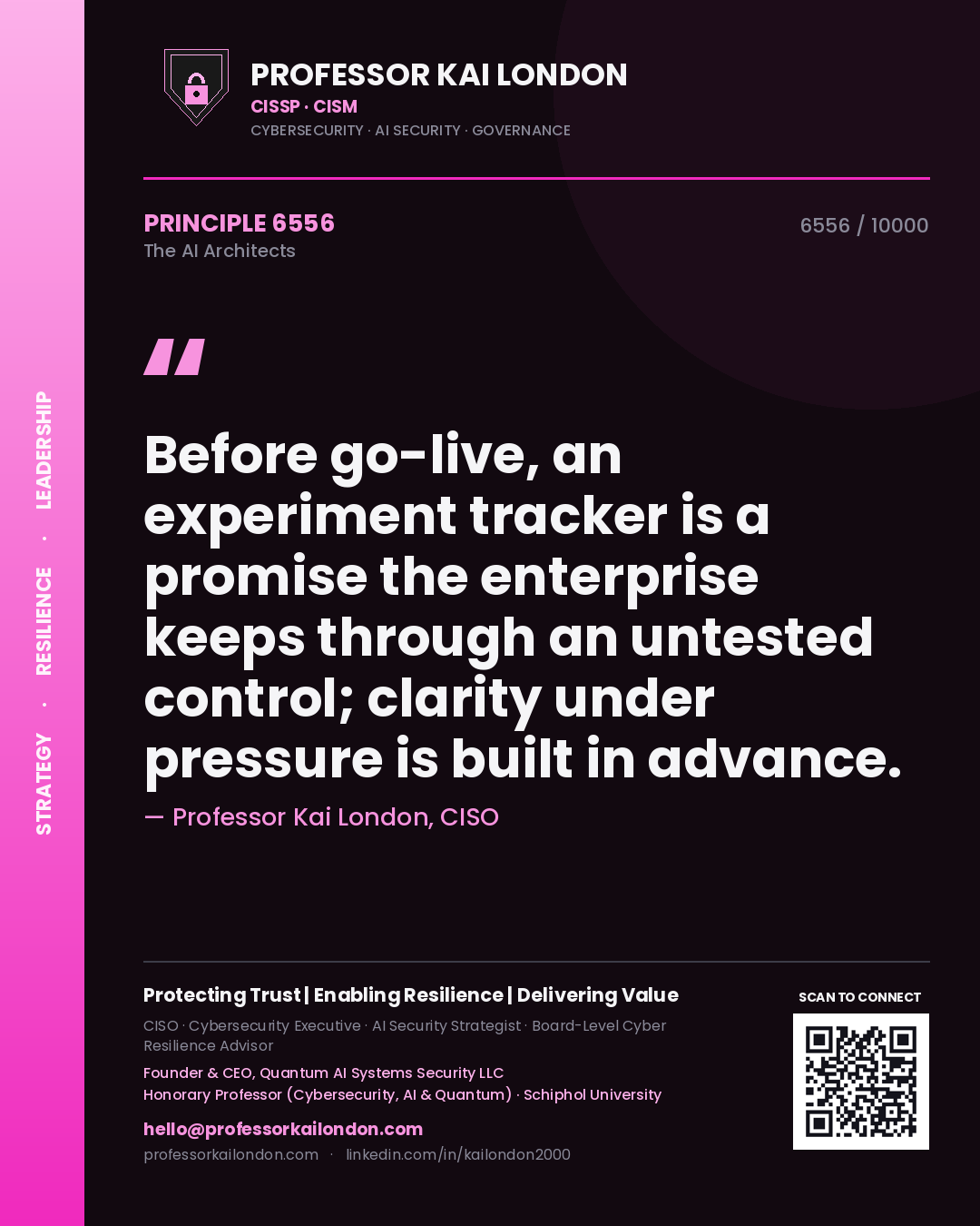 Professor Kai London principle 6556: Before go-live, an experiment tracker is a promise the enterprise keeps through an untested control; clarity under pressure is built in advance.