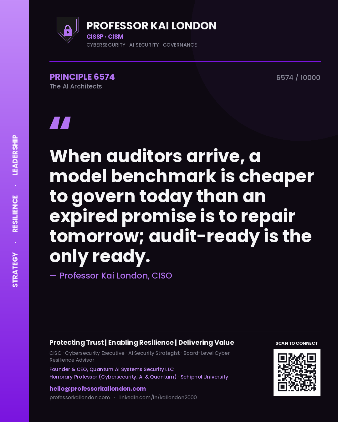 Professor Kai London principle 6574: When auditors arrive, a model benchmark is cheaper to govern today than an expired promise is to repair tomorrow; audit-ready is the only ready.