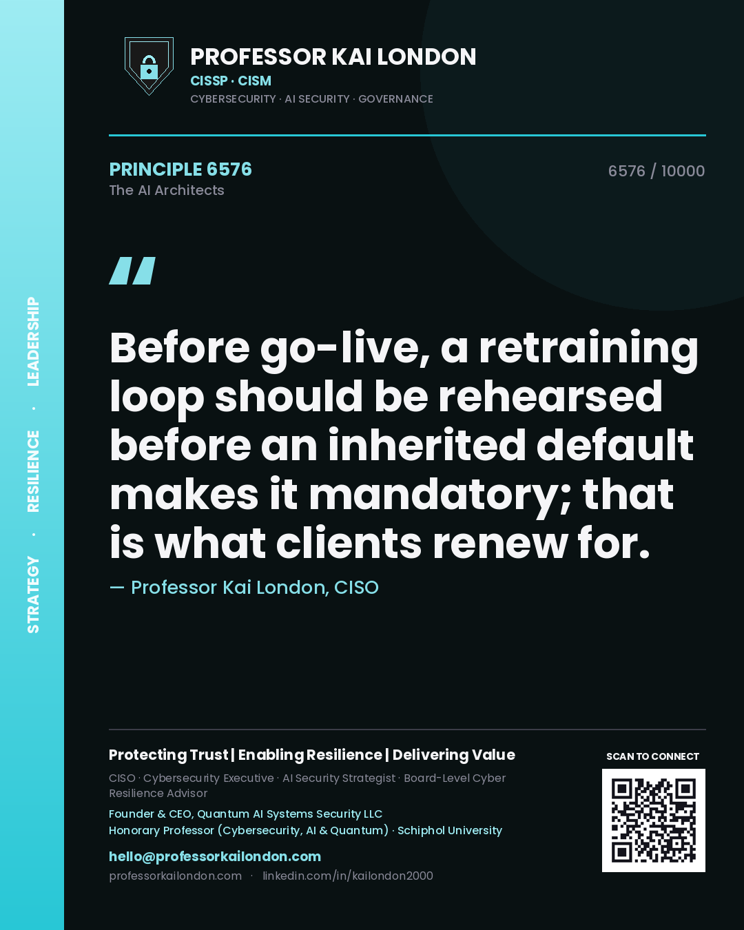 Professor Kai London principle 6576: Before go-live, a retraining loop should be rehearsed before an inherited default makes it mandatory; that is what clients renew for.