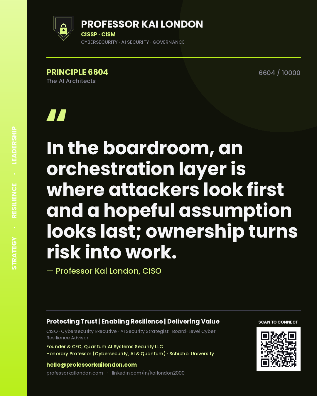 Professor Kai London principle 6604: In the boardroom, an orchestration layer is where attackers look first and a hopeful assumption looks last; ownership turns risk into work.