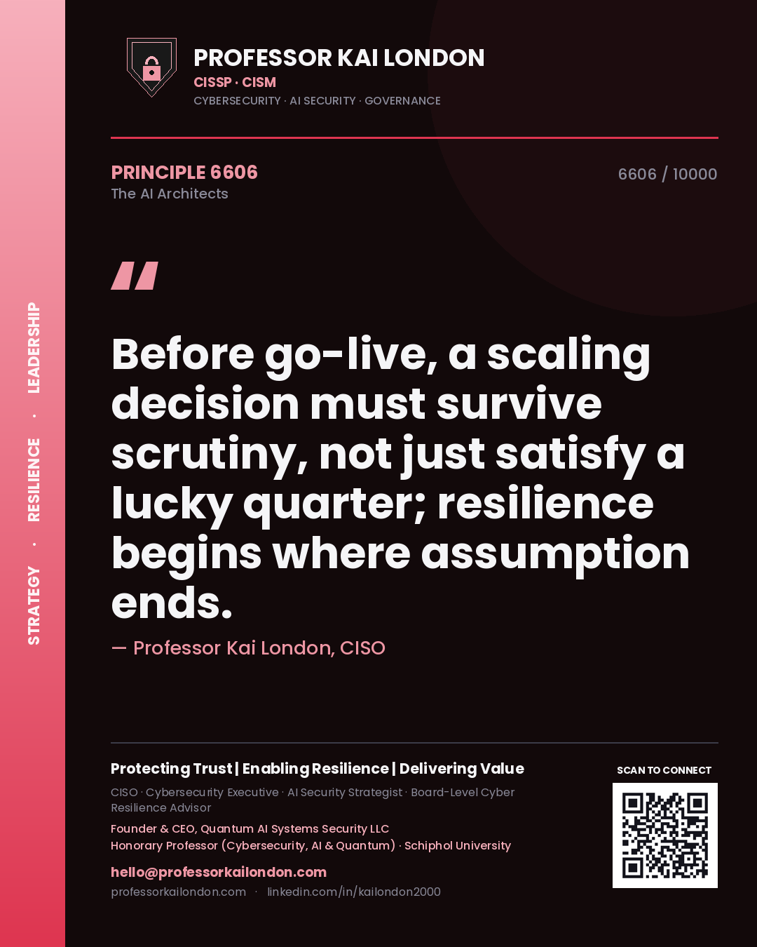 Professor Kai London principle 6606: Before go-live, a scaling decision must survive scrutiny, not just satisfy a lucky quarter; resilience begins where assumption ends.
