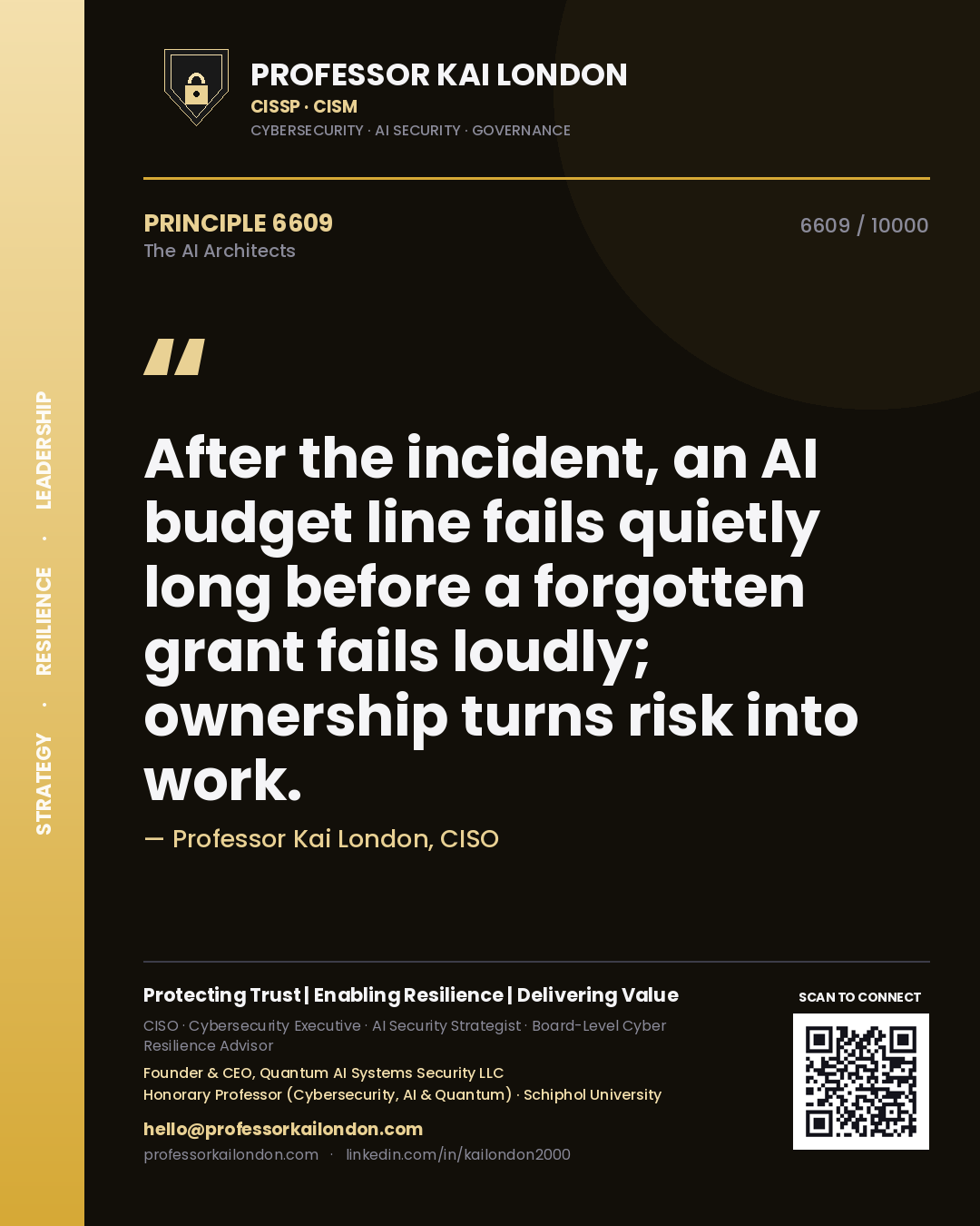 Professor Kai London principle 6609: After the incident, an AI budget line fails quietly long before a forgotten grant fails loudly; ownership turns risk into work.