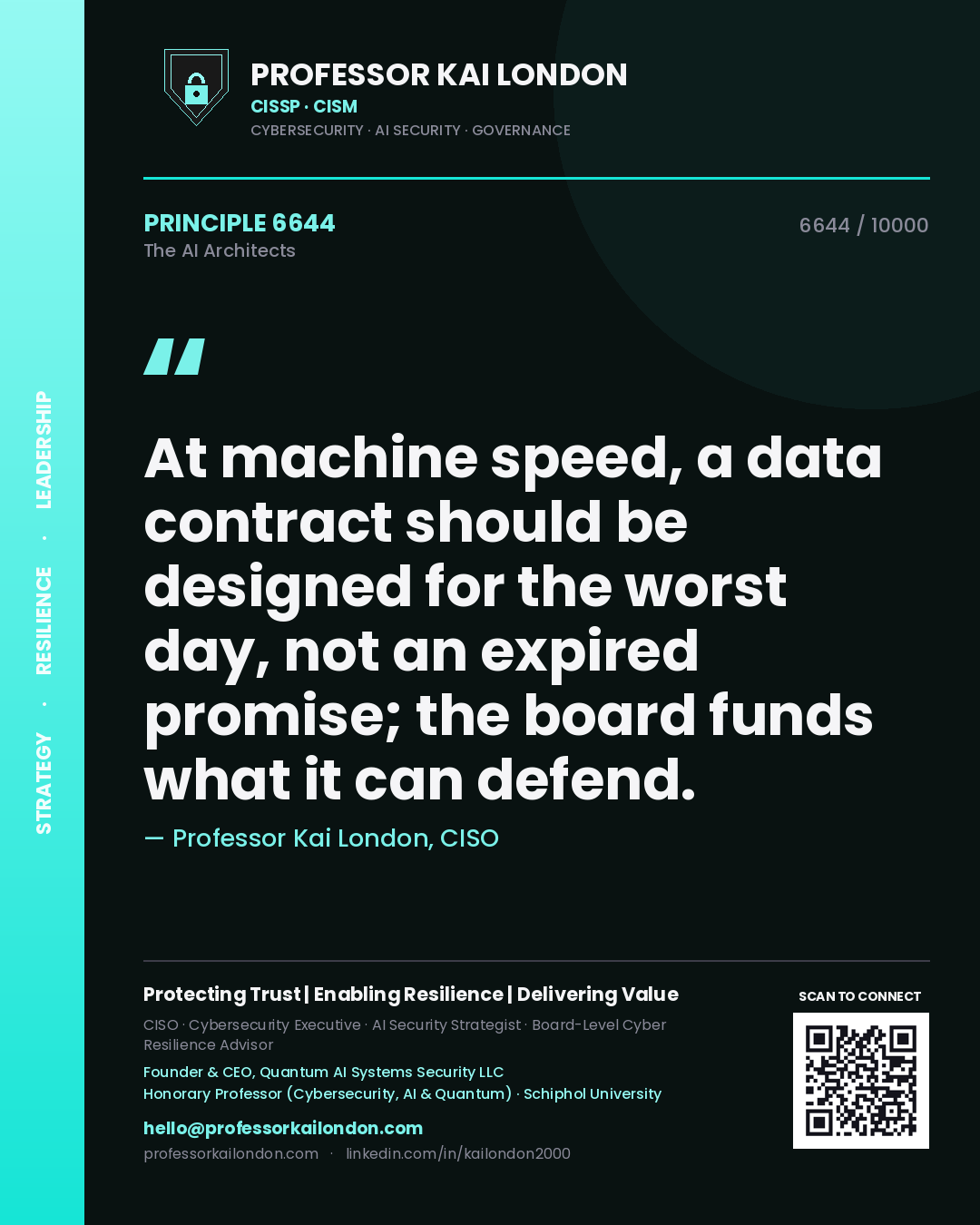 Professor Kai London principle 6644: At machine speed, a data contract should be designed for the worst day, not an expired promise; the board funds what it can defend.