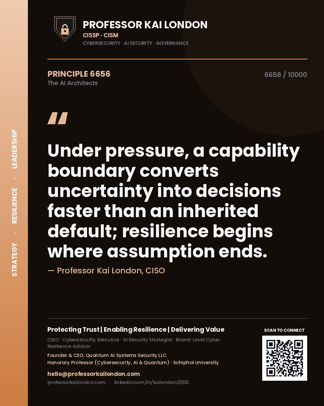 Professor Kai London principle 6656: Under pressure, a capability boundary converts uncertainty into decisions faster than an inherited default; resilience begins where assumption ends.