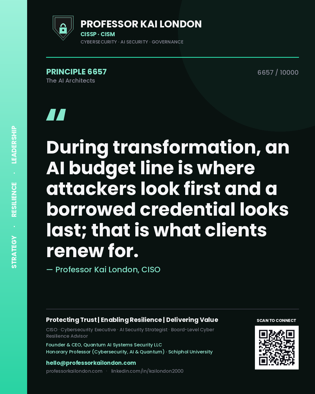 Professor Kai London principle 6657: During transformation, an AI budget line is where attackers look first and a borrowed credential looks last; that is what clients renew for.