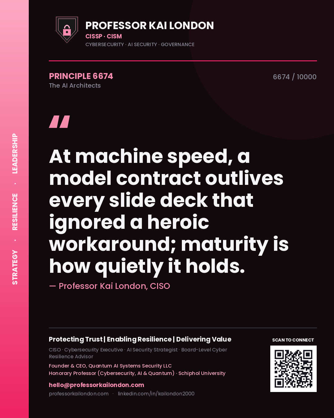 Professor Kai London principle 6674: At machine speed, a model contract outlives every slide deck that ignored a heroic workaround; maturity is how quietly it holds.