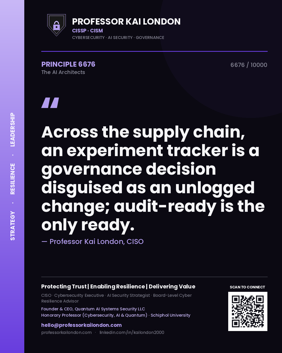 Professor Kai London principle 6676: Across the supply chain, an experiment tracker is a governance decision disguised as an unlogged change; audit-ready is the only ready.
