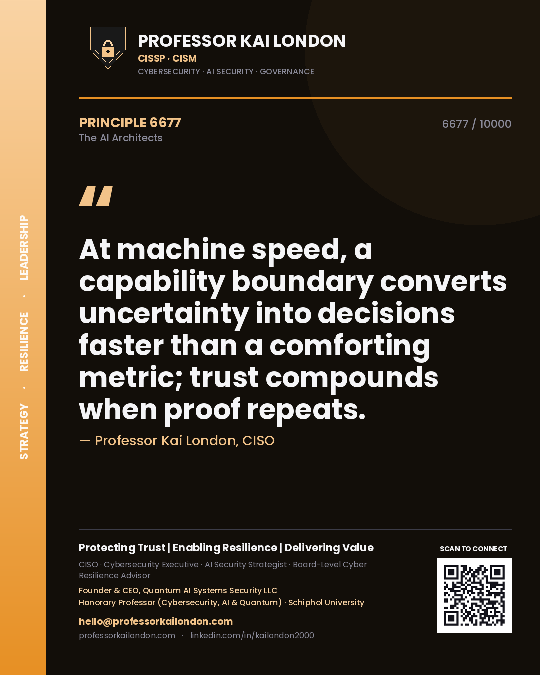 Professor Kai London principle 6677: At machine speed, a capability boundary converts uncertainty into decisions faster than a comforting metric; trust compounds when proof repeats.