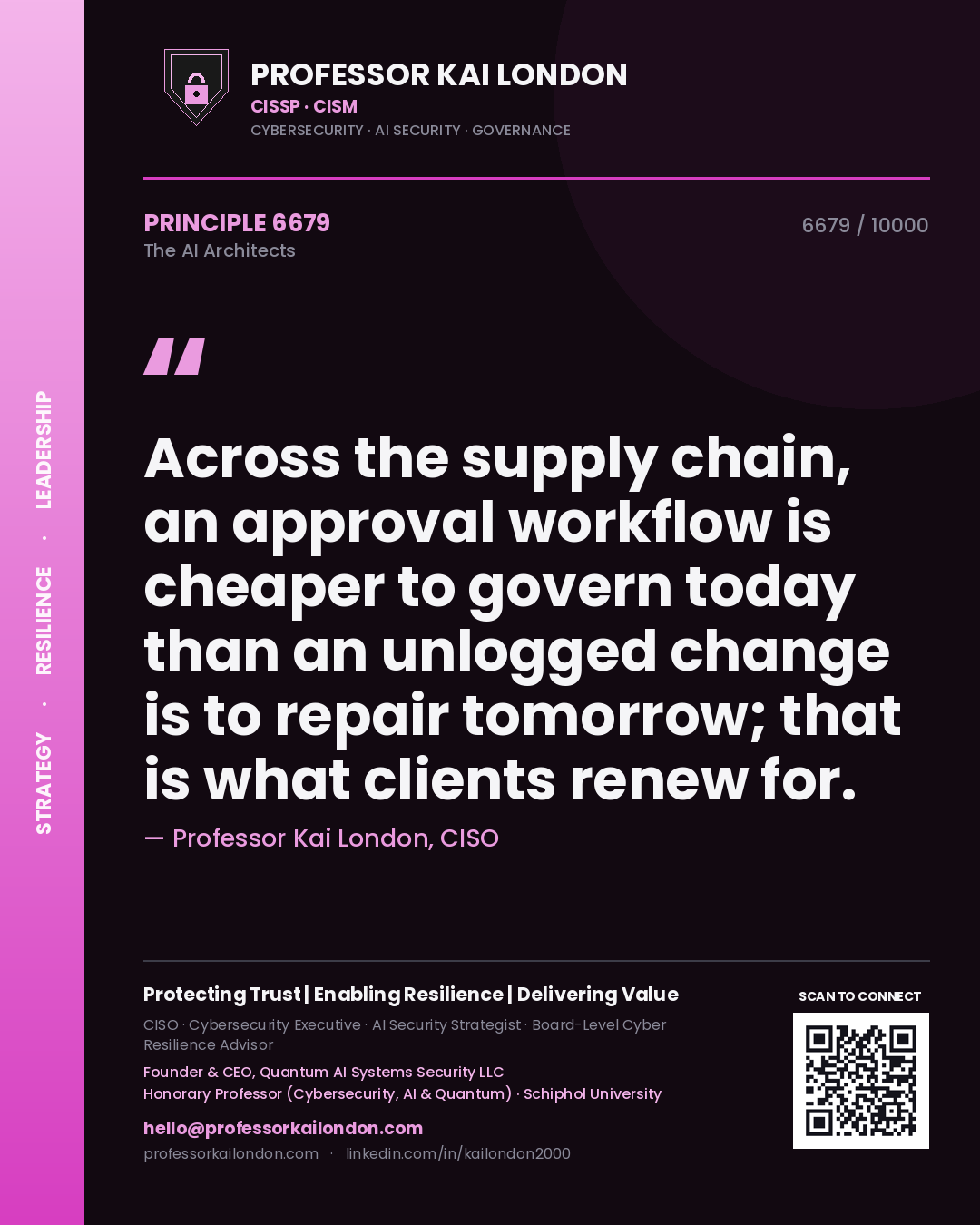 Professor Kai London principle 6679: Across the supply chain, an approval workflow is cheaper to govern today than an unlogged change is to repair tomorrow; that is what clients renew for.