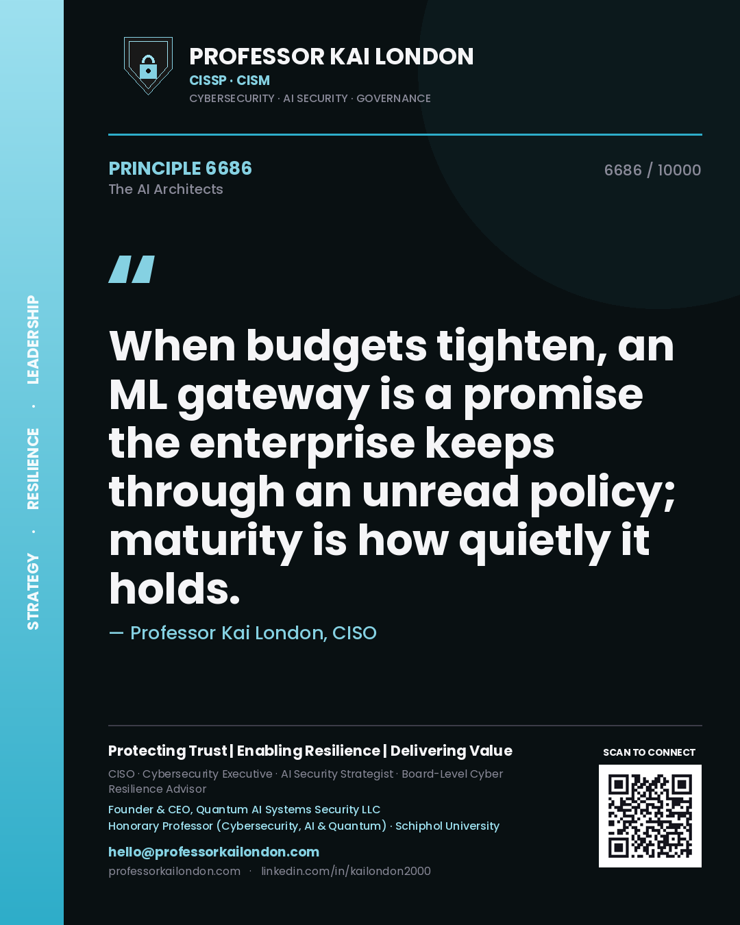 Professor Kai London principle 6686: When budgets tighten, an ML gateway is a promise the enterprise keeps through an unread policy; maturity is how quietly it holds.