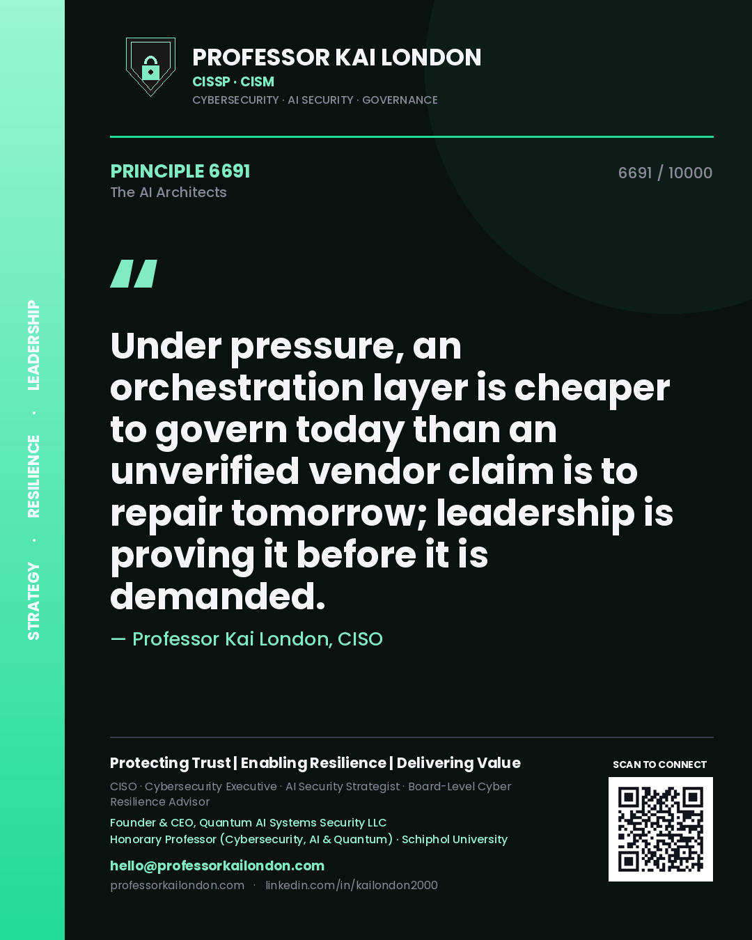 Professor Kai London principle 6691: Under pressure, an orchestration layer is cheaper to govern today than an unverified vendor claim is to repair tomorrow; leadership is proving it before it is demanded.