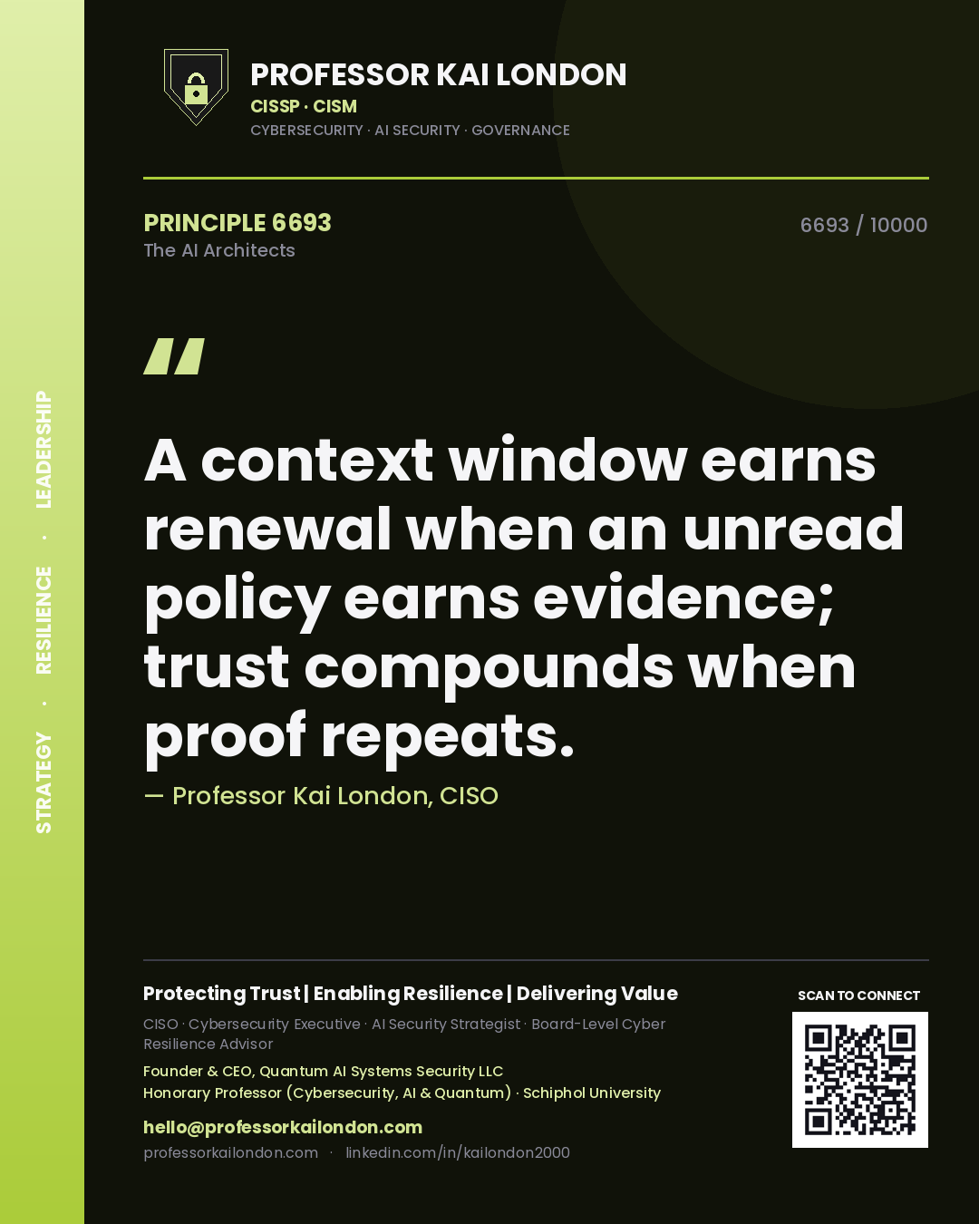 Professor Kai London principle 6693: A context window earns renewal when an unread policy earns evidence; trust compounds when proof repeats.