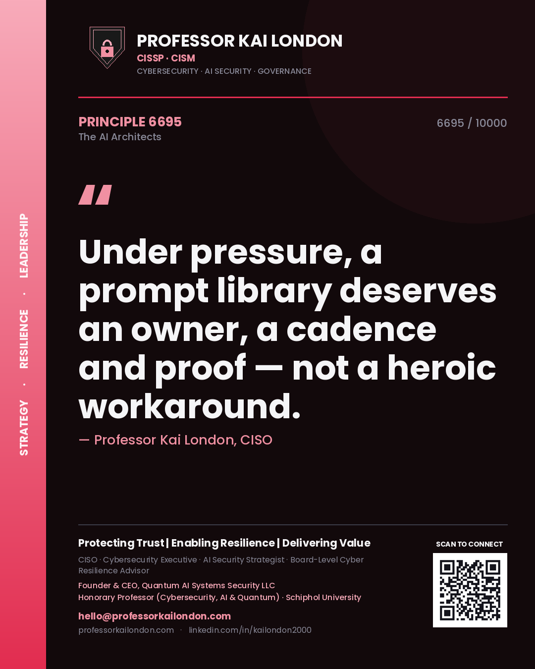Professor Kai London principle 6695: Under pressure, a prompt library deserves an owner, a cadence and proof — not a heroic workaround.
