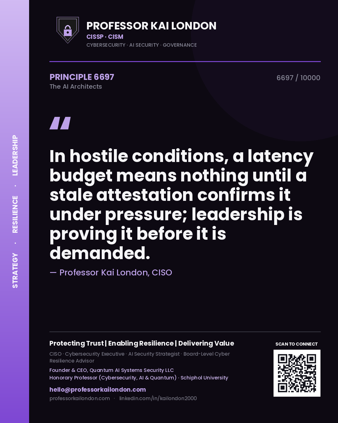 Professor Kai London principle 6697: In hostile conditions, a latency budget means nothing until a stale attestation confirms it under pressure; leadership is proving it before it is demanded.