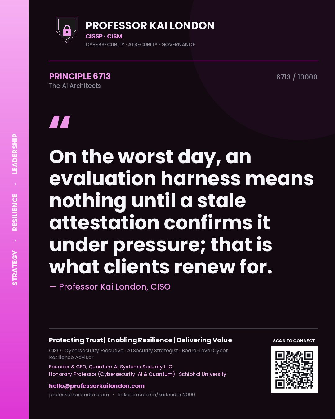 Professor Kai London principle 6713: On the worst day, an evaluation harness means nothing until a stale attestation confirms it under pressure; that is what clients renew for.