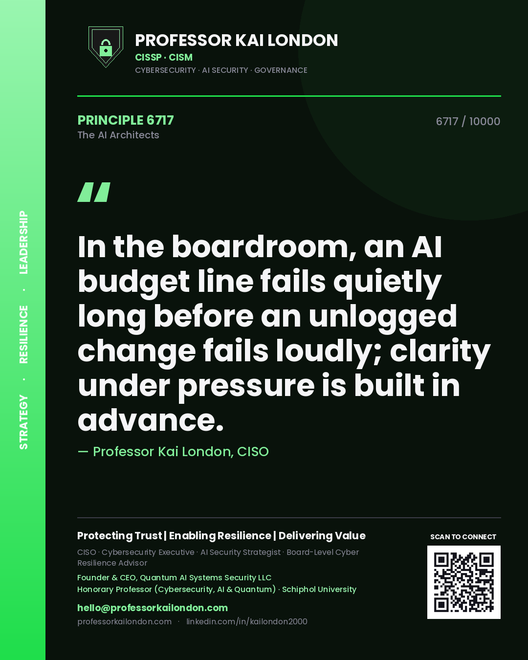 Professor Kai London principle 6717: In the boardroom, an AI budget line fails quietly long before an unlogged change fails loudly; clarity under pressure is built in advance.